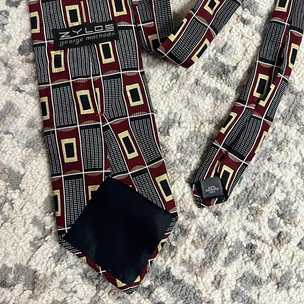 Zylos‎ George Machado Silk Tie Mens Burgundy Black Gold Geometric Grid Pattern